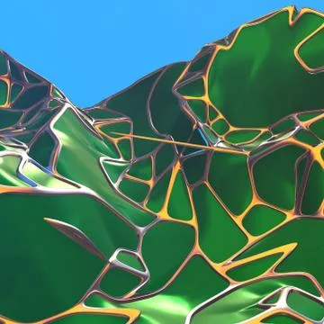 Abstract 3d rendering of chaotic green landscape structure with golden frame Stock Illustration
