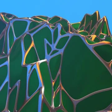 Abstract 3d rendering of chaotic green landscape structure with golden frame Stock Illustration