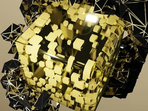 Abstract 3d rendering of chaotic particles. Yellow cubes in empty space. Stock Illustration