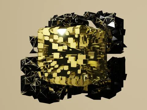 Abstract 3d rendering of chaotic particles. Yellow cubes in empty space. Stock Illustration