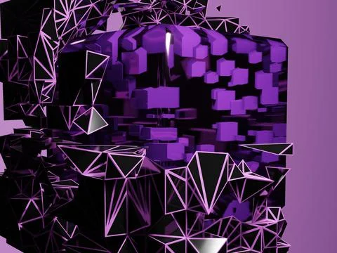 Abstract 3d rendering of chaotic particles. Violet cubes in empty space. Stock Illustration