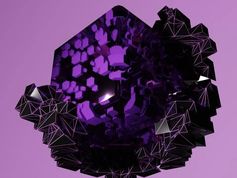 Abstract 3d rendering of chaotic particles. Violet cubes in empty space. Stock Illustration