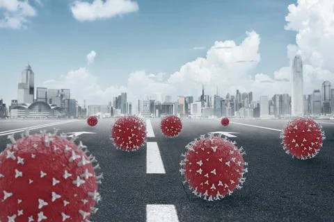 Abstract 3D rendering of concept of coronavirus background affecting modern c Stock Photos