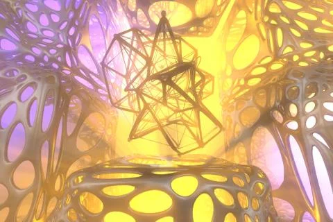 Abstract 3d rendering concept of high poly atomic sphere with chaotic mesh grid Illustrazione stock