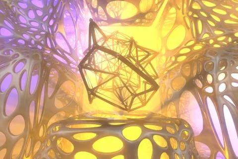 Abstract 3d rendering concept of high poly atomic sphere with chaotic mesh grid Stock Illustration