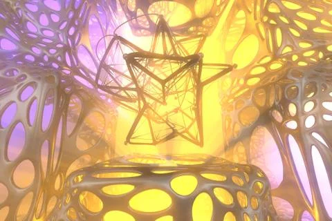 Abstract 3d rendering concept of high poly atomic sphere with chaotic mesh grid Illustrazione stock