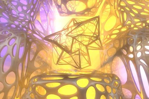 Abstract 3d rendering concept of high poly atomic sphere with chaotic mesh grid Stock Illustration