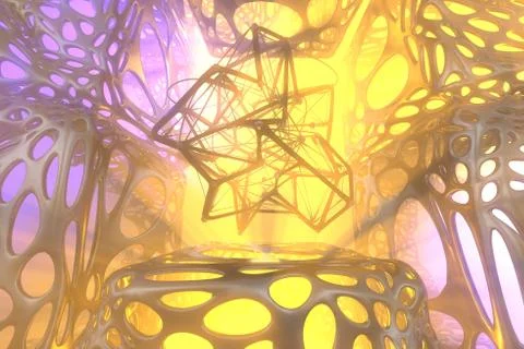 Abstract 3d rendering concept of high poly atomic sphere with chaotic mesh grid Illustrazione stock