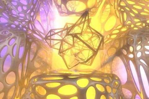 Abstract 3d rendering concept of high poly atomic sphere with chaotic mesh grid Stock Illustration