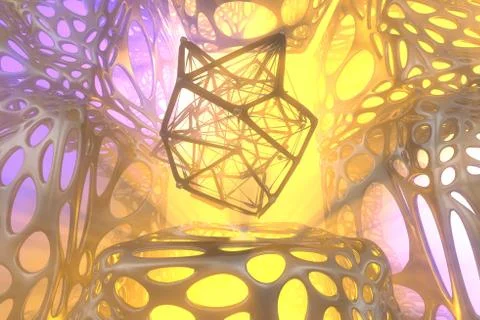 Abstract 3d rendering concept of high poly atomic sphere with chaotic mesh grid Illustrazione stock