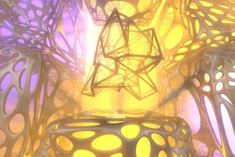 Abstract 3d rendering concept of high poly atomic sphere with chaotic mesh grid Stock Illustration