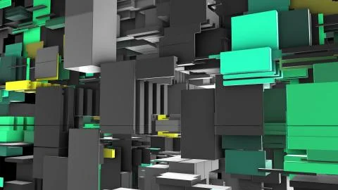 Abstract 3D rendering cubes and electronic shapes. Illustrazione stock