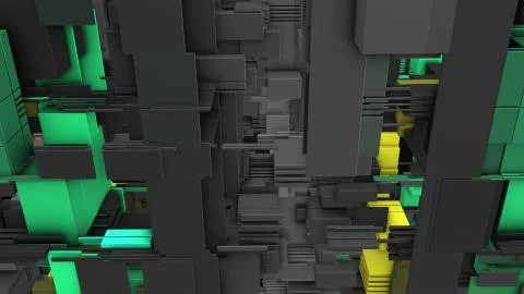 Abstract 3D rendering cubes and electronic shapes. Illustrazione stock