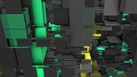 Abstract 3D rendering cubes and electronic shapes. Illustrazione stock