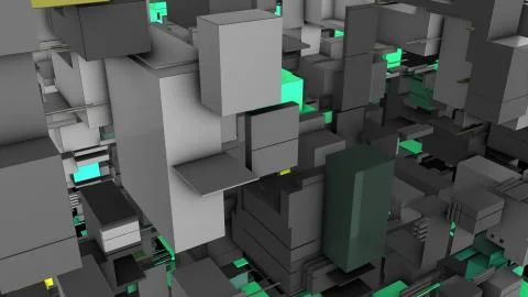 Abstract 3D rendering cubes and electronic shapes. Illustrazione stock