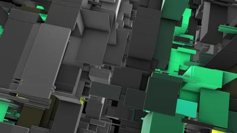 Abstract 3D rendering cubes and electronic shapes. Illustrazione stock