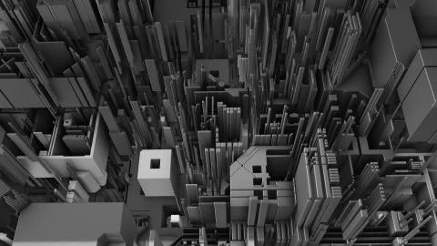 Abstract 3D rendering cubes and electronic shapes. Illustrazione stock