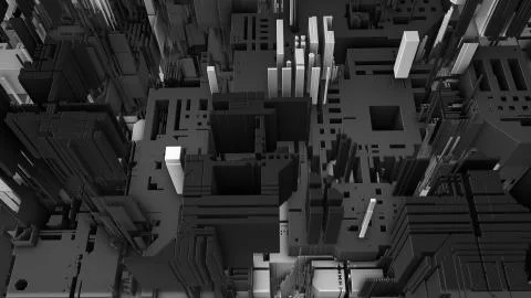 Abstract 3D rendering cubes and electronic shapes. Illustrazione stock