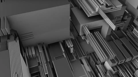 Abstract 3D rendering cubes and electronic shapes. Illustrazione stock