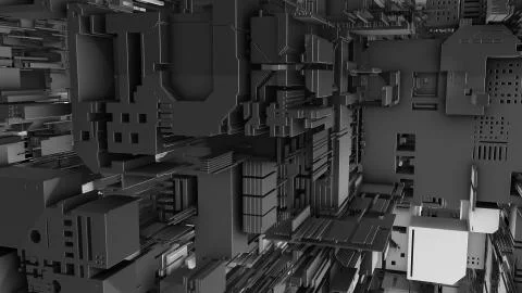 Abstract 3D rendering cubes and electronic shapes. Illustrazione stock