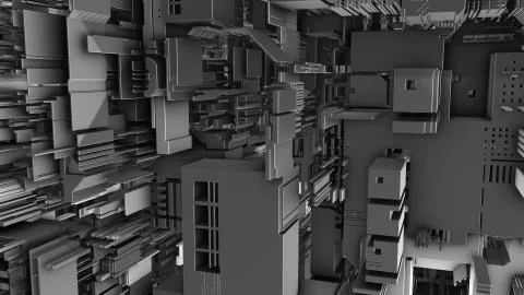 Abstract 3D rendering cubes and electronic shapes. Illustrazione stock