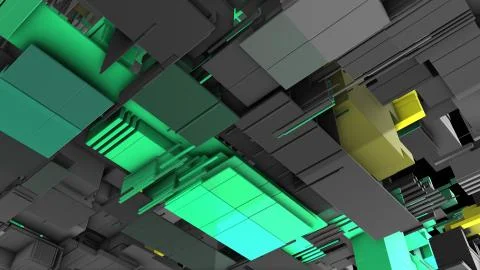 Abstract 3D rendering cubes and electronic shapes. Stock Illustration