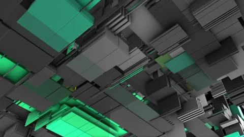 Abstract 3D rendering cubes and electronic shapes. Illustrazione stock