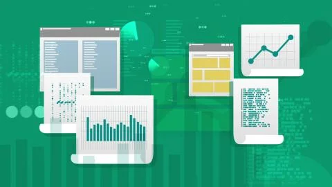 Abstract 3d rendering of files and documents with line chart, bar chart, some Illustrazione stock