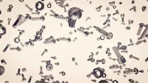 An abstract 3d rendering of flying bolts, nuts, screws in the light grey back Stock Illustration