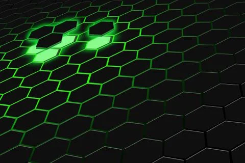 Abstract 3d rendering of futuristic surface with hexagons. Dark green sci-fi  Ilustração Stock