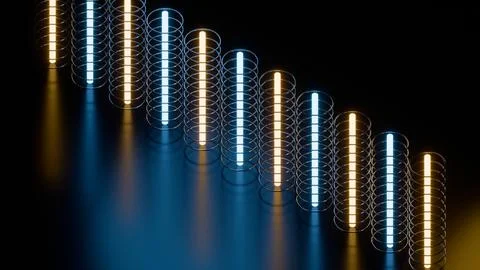 Abstract 3D rendering of glowing neon cylindrical structures on a dark refl.. Stock Photos