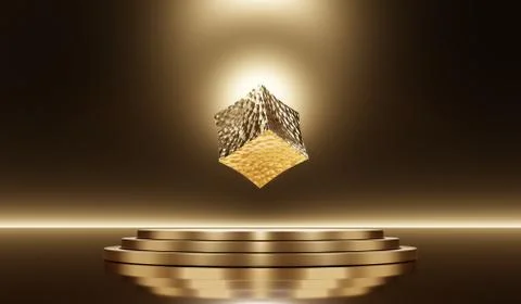 Abstract 3d rendering of golden cube suspended in the air Stock Illustration