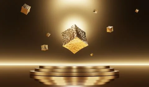 Abstract 3d rendering of golden cube suspended in the air Stock Illustration