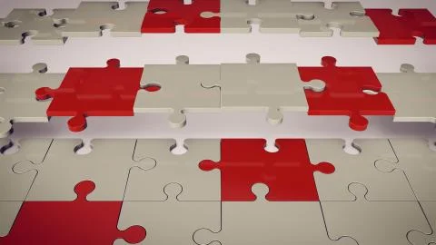 An abstract 3d rendering of a grey and red floor composed of puzzles placed a Stock Illustration