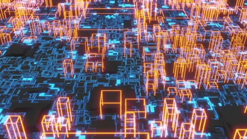 Abstract 3D rendering of hologram orange wireframe buildings and blue computer Stock Footage 162694516