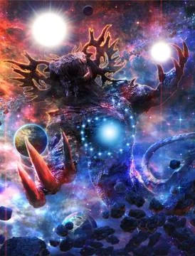 Abstract 3d rendering illustration of an alien creature controlling worlds Stock Illustration