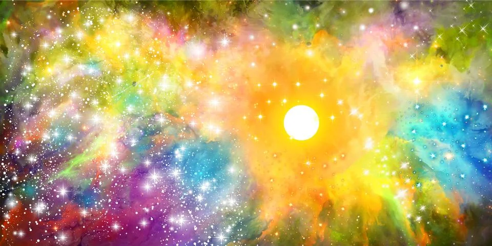 Abstract 3d rendering illustration of bright stars in a colorful nebula space Stock Illustration
