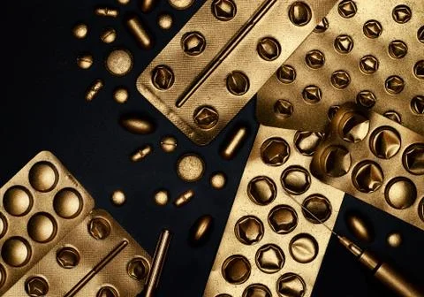 Abstract 3d rendering illustration of a collection of golden pills Stock Illustration