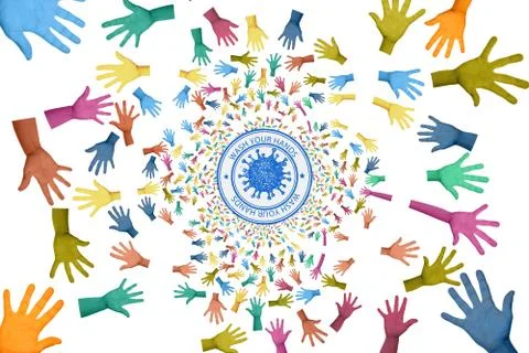 Abstract 3d rendering illustration of collection of gloves surrounding a wash Stock Illustration