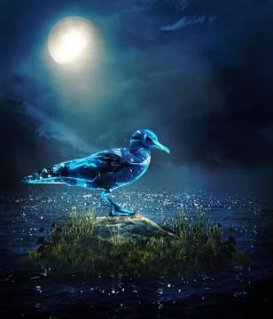 Abstract 3d rendering illustration of digital bird on a lack shined by moon l Stock Illustration