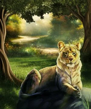 Abstract 3d rendering illustration of a lion on a rock in a forest Stock Illustration