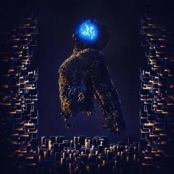 Abstract 3d rendering illustration of a powerful half robot downloading and r Stock Illustration