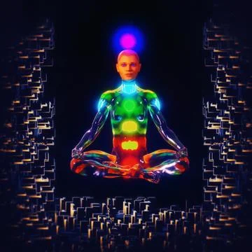 Abstract 3d rendering illustration of a powerful spiritual meditating robot Stockillustratie