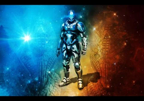 Abstract 3d rendering illustration of a robot standing in a colorful backgrou Ilustração Stock