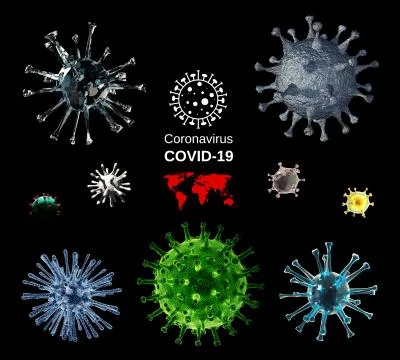 Abstract 3d rendering illustration of a set of different coronavirus shapes Stock Illustration