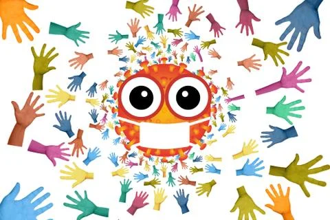 Abstract 3d rendering illustration of set of colorful gloves surrounding a ca Stock Illustration