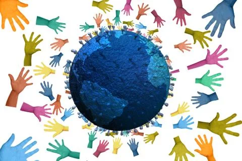 Abstract 3d rendering illustration of set of colorful gloves surrounding an i Stock Illustration