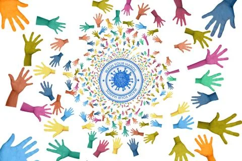 Abstract 3d rendering illustration of set of colorful gloves surrounding a wa Stock Illustration