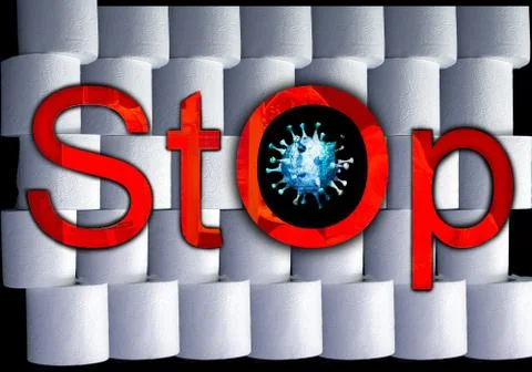 Abstract 3d rendering illustration of Stop Panic Coronavirus buying of toilet Stock Illustration