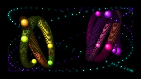 Abstract 3D rendering of intertwined colorful spheres forming glowing loops.. Video stock 345244690